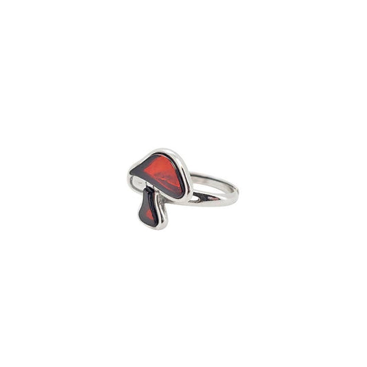 Mushroom Cherry Amber Sterling Silver Adjustable Ring